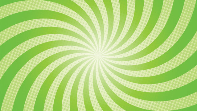 Green comic book sunburst background with spiral rays and halftone dot texture
