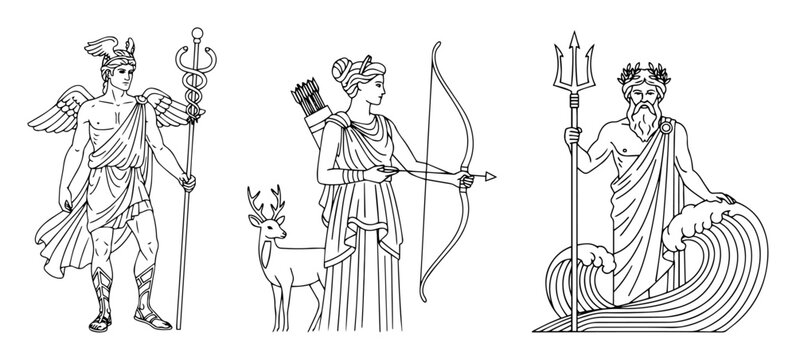 greek gods line art set vector black shape