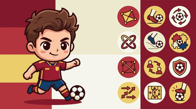Vector illustration of a cute chibi soccer player in a red and blue kit dribbling a football next to various tactical sports icons and coaching diagrams on a modern background.