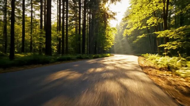A scenic road winds through a lush forest during a bright sunny morning