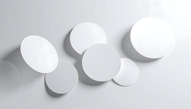 Abstract arrangement of overlapping white circles and ovals with soft shadows on a light gray background, clean design, modern geometry