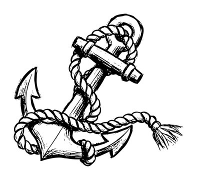 vintage nautical anchor with rope sketch vector black shape