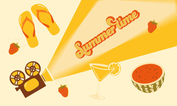 Summer Time Retro Illustration with Beach Accessories, Fruits and Cocktail