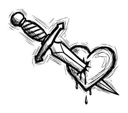 dagger piercing a bleeding heart sketch vector black shape