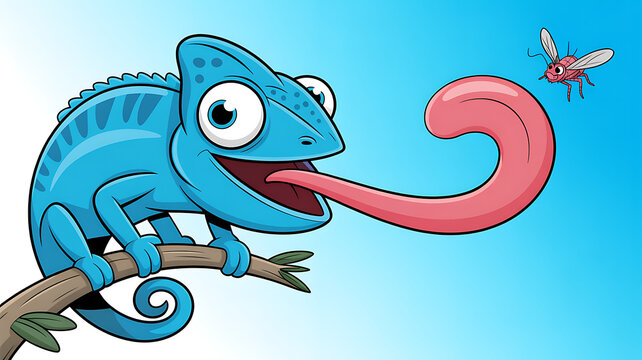 Banner with funny blue chameleon with extended pink tongue while hunting against blue background.