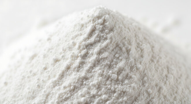 Close-up of a pile of white powder, fine texture, baking ingredient or cosmetic powder