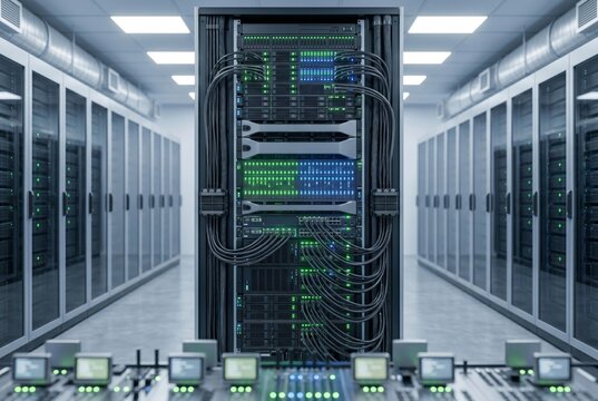 Modern server rack inside a data center with glowing green and blue LED status indicator lights