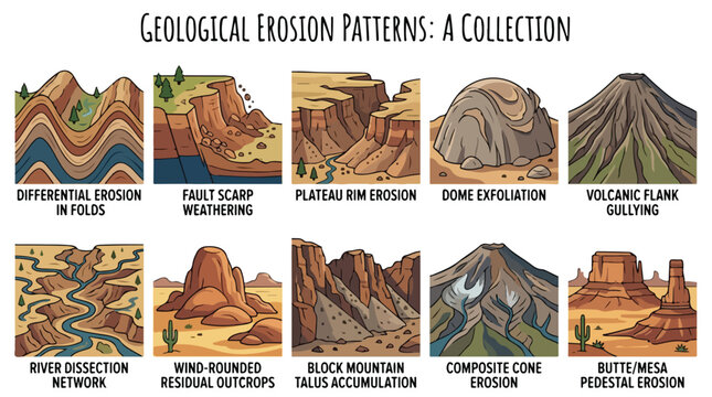 Illustration of various geological erosion patterns including differential erosion, volcanic flank gullying, and composite cone erosion on a white background.