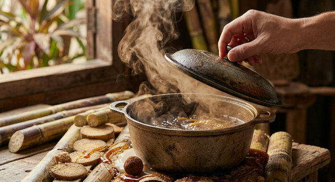 Traditional boiling sugarcane juice in a rustic iron pot with raw sugar cane stalks on a wooden table, steam rising up.