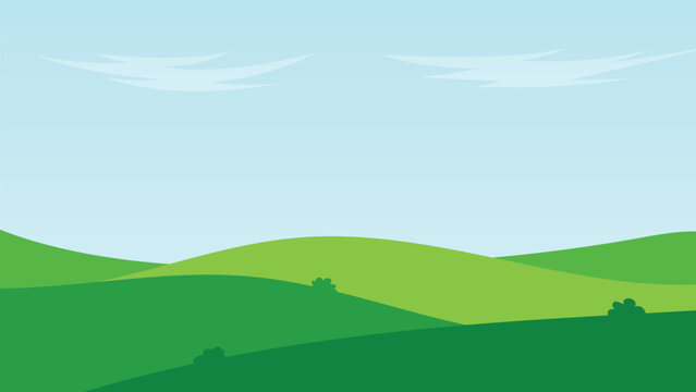 cartoon landscape with green rolling hills, blue sky and stylized clouds, simple nature background
