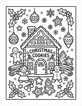 Gingerbread house coloring page with christmas cookies and decorations in North America.