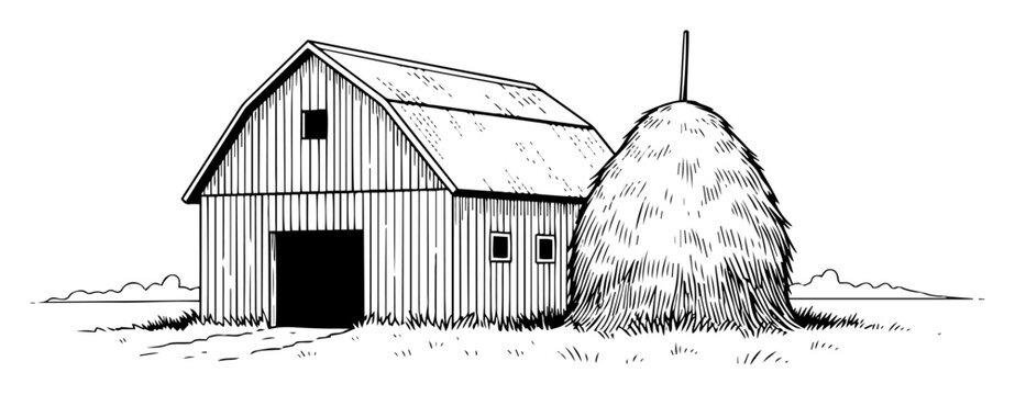 old wooden barn and haystack sketch