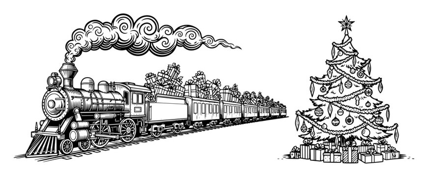 vintage christmas steam train with gifts and tree vector
