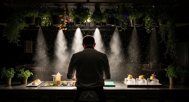Chef Preparing Molecular Gastronomy Dishes with Herb Misting System in Dark Commercial Kitchen