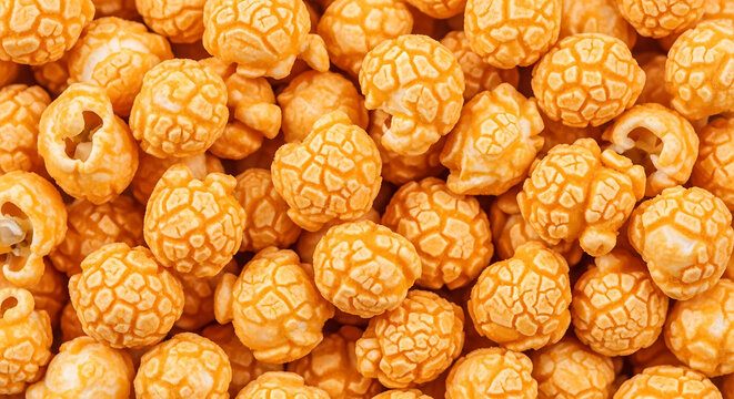 Close-up of crunchy caramel popcorn spheres with a textured surface, macro shot