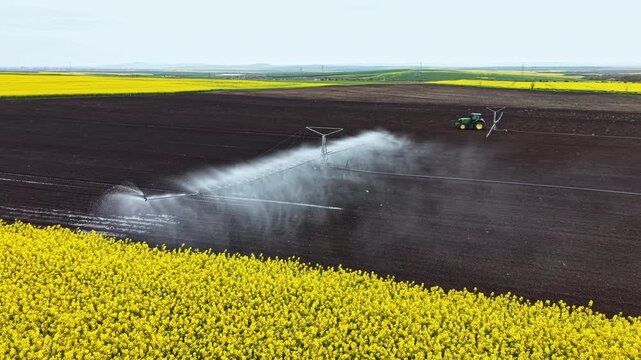 A tractor operates an irrigation system in a field with bright yellow flowers. The spraying water creates a mist above the dark soil. It is daytime with clear skies and a green landscape.