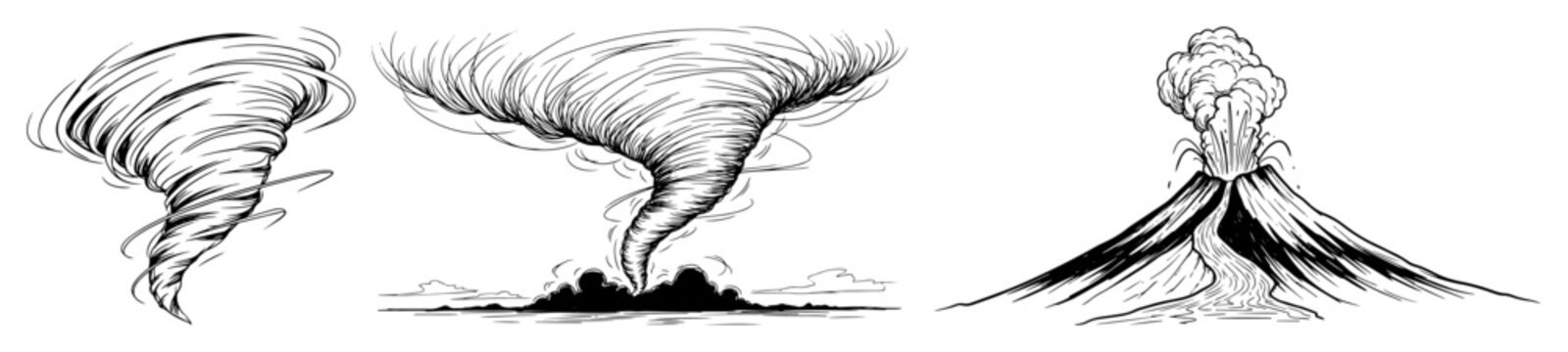 natural disaster set with tornado and volcano eruption sketch