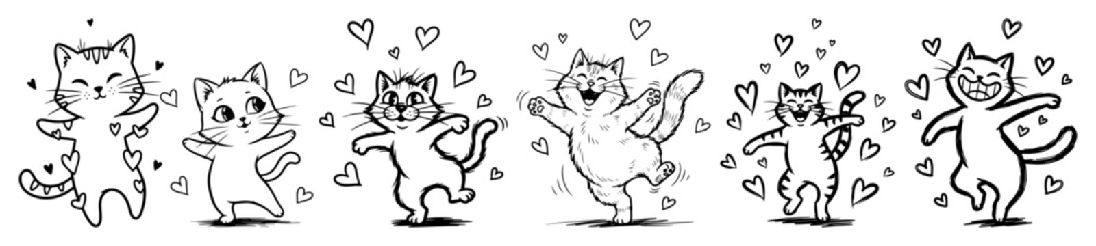 cute cartoon cats dancing with hearts border vector