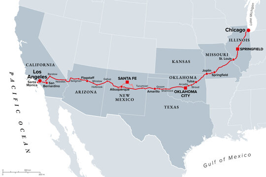 U.S. Route 66, or U.S. Highway 66, known as the Mother Road, gray political map. Route sixty-six, Main Street of America, a historic route from Chicago, Illinois, to Santa Monica, California. Vector