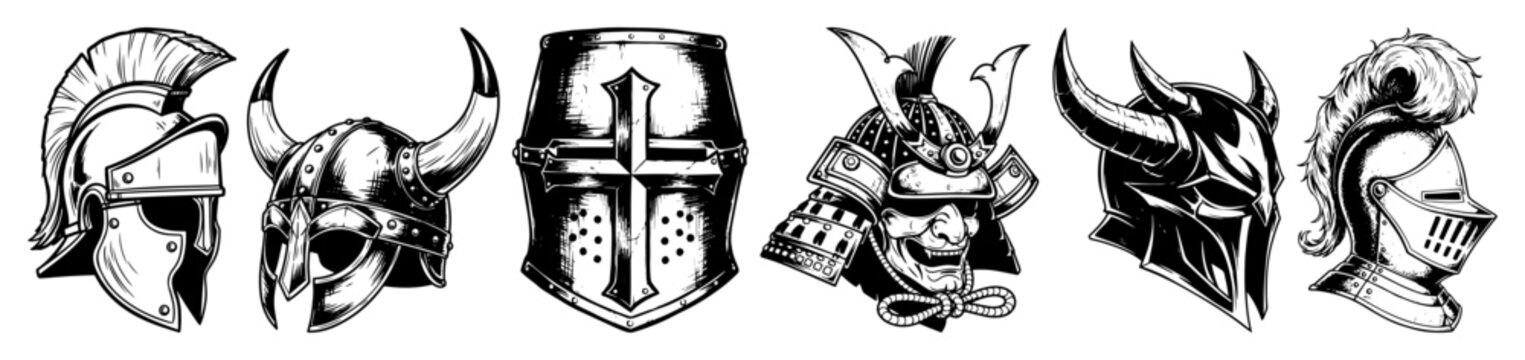warrior helmets set vector roman viking samurai knight