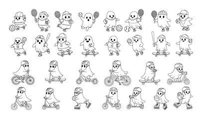 Obraz premium big set of cute cartoon ghosts doing activities vector