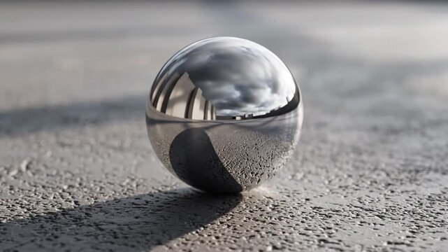 Floating chrome sphere reflecting cloudy sky and building