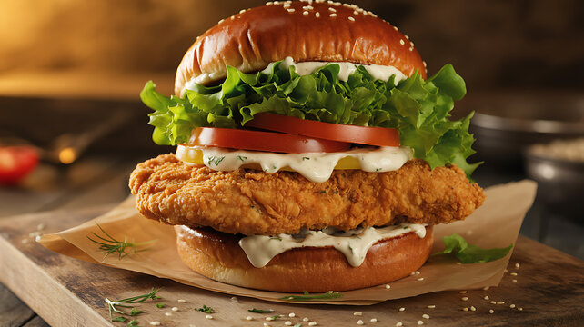 Delicious crispy fried chicken burger with fresh toppings and sesame bun.