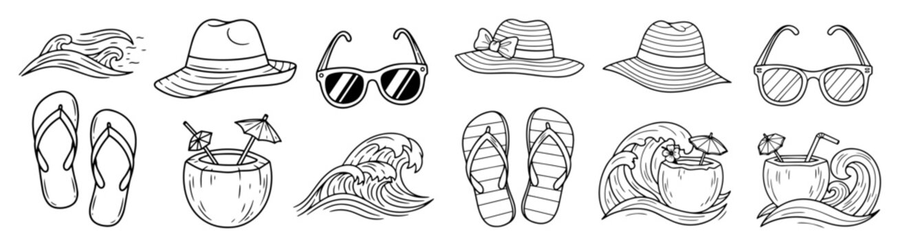 summer beach vacation items hand drawn doodle set
