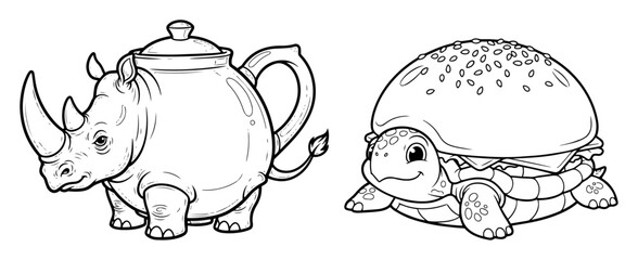 surreal animal object hybrid rhino teapot and turtle burger vector © Aisha Kudorova