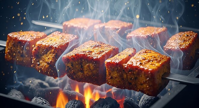 Grilled tempeh skewers on a charcoal BBQ grill with smoke and flames