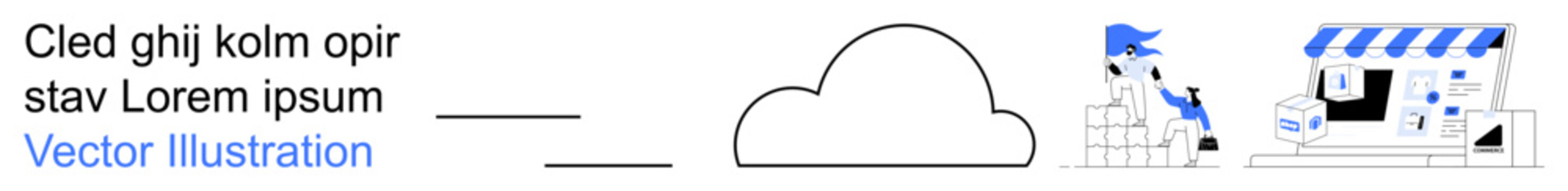Cloud technology, e-commerce, online marketplaces, data storage, web solutions, digital platforms. Cloud graphic and online store icons with storefront design. Cloud technology and e-commerce concept