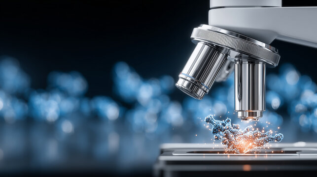 A microscope examining a molecular structure, representing medical research, biotechnology discovery, laboratory science, and advanced healthcare innovation
