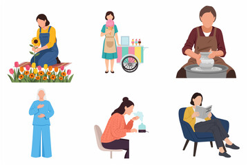 Fototapeta premium Set of diverse people engaged in various leisure activities, hobbies, and wellness routines flat vector illustration
