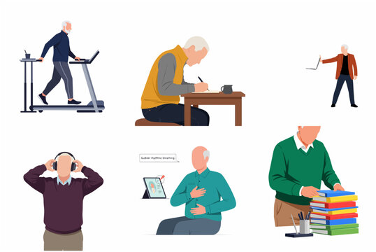 Active Senior Men Lifestyle Activities Set: Fitness, Technology, Hobbies, and Organization Illustrations