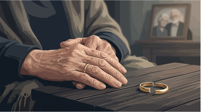 Elderly hands clasped on a wooden table next to a wedding ring.