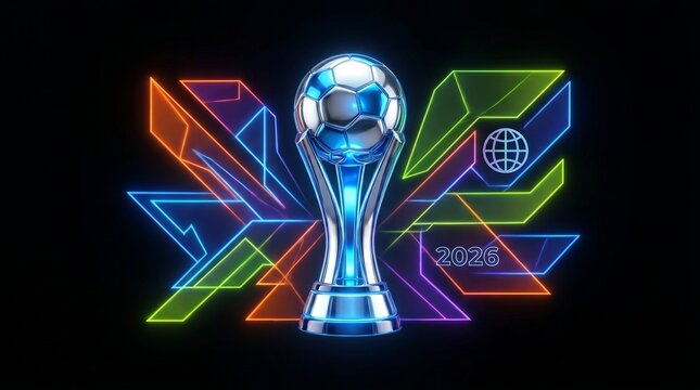 Neon style 3d soccer trophy with abstract geometric shapes and 2026 text