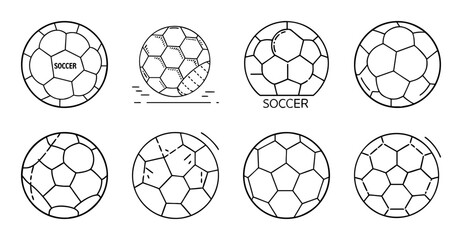Obraz premium Various soccer ball designs and patterns - Simple vector illustrations of different soccer ball styles and pentagon-hexagon patterns for sports or design use.