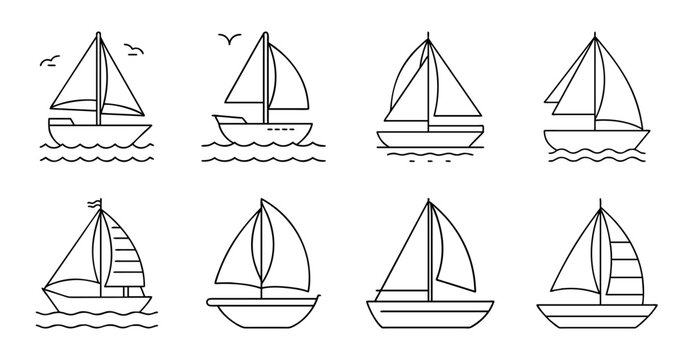 Eight sailboats in different poses on water - Colorful vector illustration of eight sailboats sailing in various directions on calm water, ideal for marine or nautical themes.
