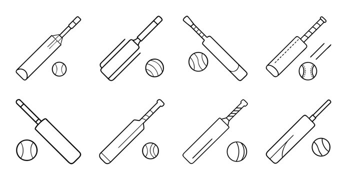 Flat design cricket and baseball sports icons set - Minimalist vector icons showing cricket bats, balls, and baseball bats with gloves and balls in various poses.