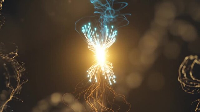 Abstract glowing light filaments connecting and separating in a vibrant display of energy, representing scientific processes and cosmic connections