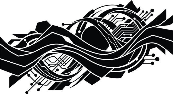 Futuristic black technology circuit board wave design with electronic node lines and abstract geometric shapes on white background