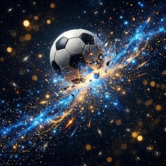 Fototapeta premium Soccer ball exploding in space with stars and sparks flying everywhere around