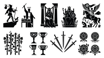 Naklejka premium Collection of medieval-themed black silhouettes including people, crowns, weapons, and coats of arms on a white background with a dark fantasy mood.