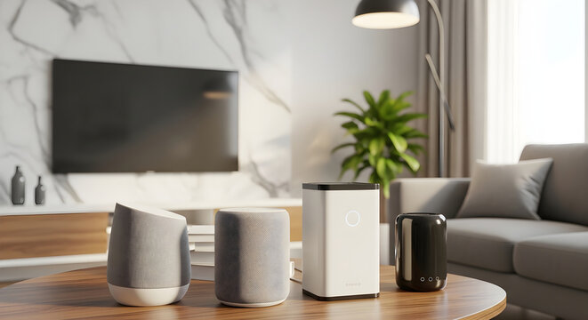 Collection of various smart home speakers and voice assistants on a wooden table