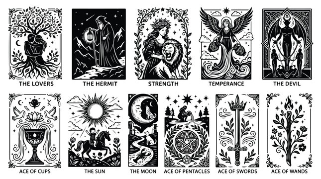 Black and white illustration of 10 major arcana tarot cards on a clean white background with intricate designs and symbolism.