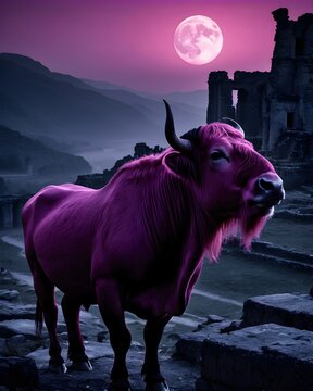 A magenta takin genetic hybrid fantasy animal, fictional species ,  in moonlit ruins
