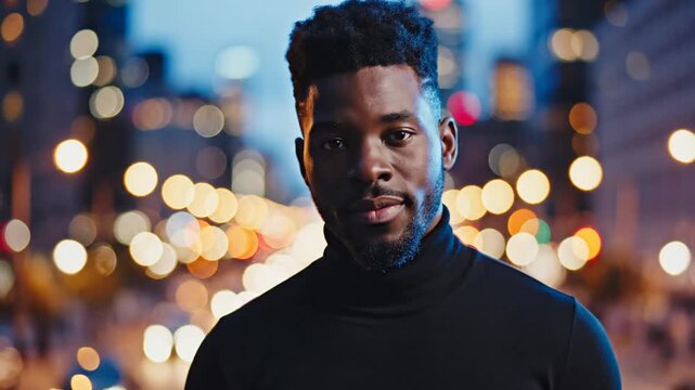 Man with afro and beard wearing black turtleneck against bokeh city lights