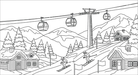 Fototapeta premium Winter mountain resort with cable car ski lift and snow covered houses surrounded by forest trees and skiers on slopes for educational coloring book art.