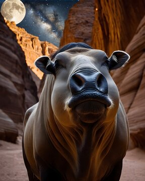 A takin  genetic hybrid fantasy animal, fictional species , in a galactic dust canyon