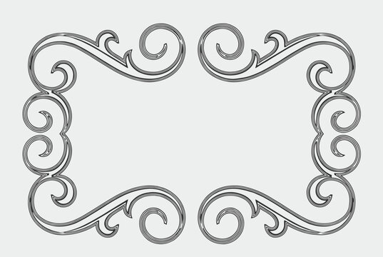 Symmetrical black and white ornate flourish border design with elegant swirls and scrolls on a light grey background.